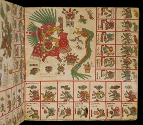 Códice Borbónico asteca, «Tonalamatl», pormenor que representa Quetzalcoatl e Tezcatlipoca